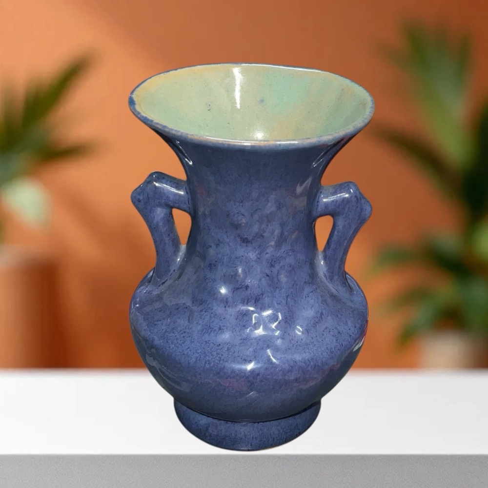 Dryden Terracotta Pottery Blue Embossed Flower/Bud Vase w Handles Signed